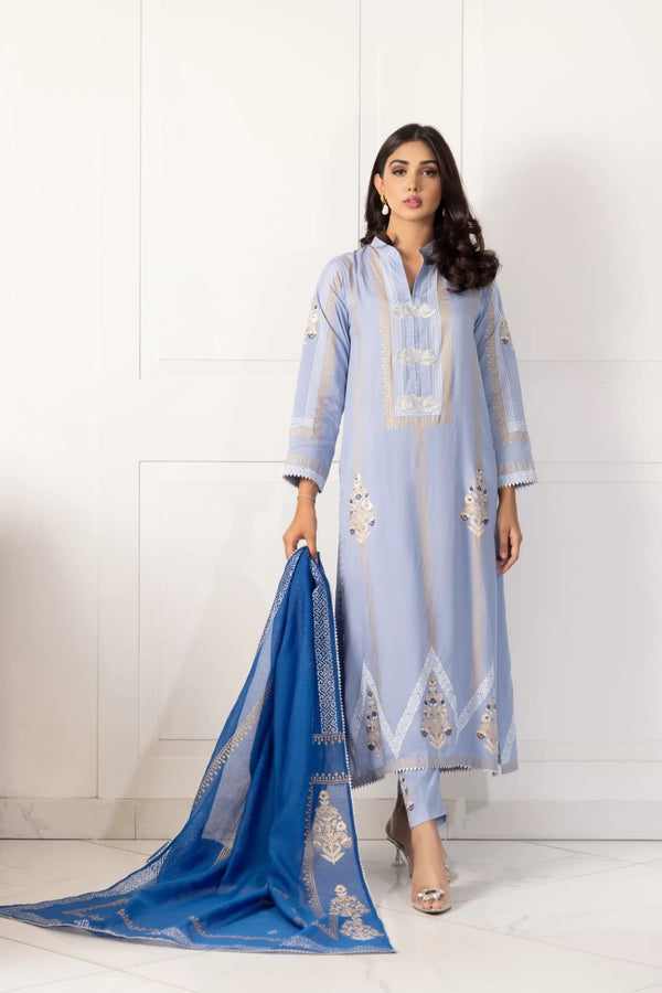 Light Blue Block Printed Long Shirt with Block Printed Dupatta – SHK-940