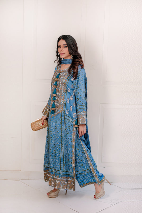 Blue Silk Ajrak Set-SHK