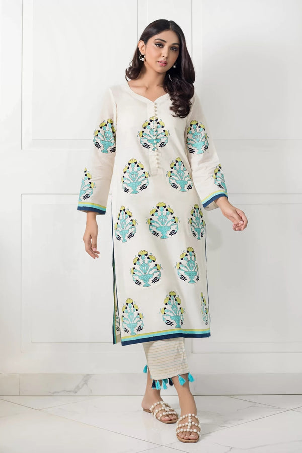 Off-White Green and Ferozi Block Printed Long Shirt & Matching Azaar With Tassel Detailing – SHK-961