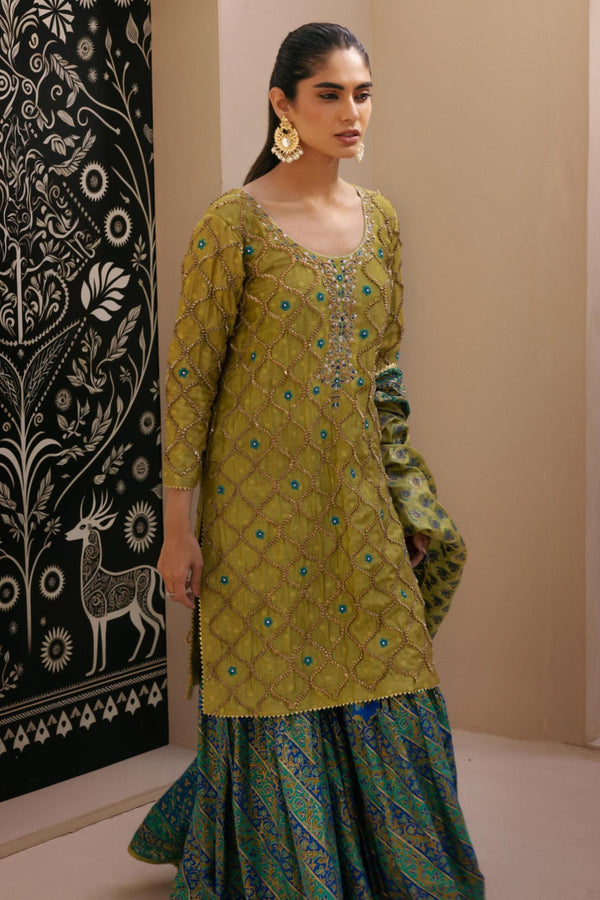 Neelum Olive Blue Gharara