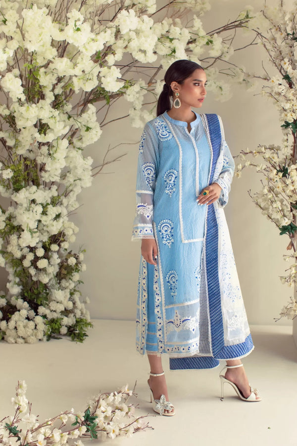 Light Blue Khaadi Net Shirt With White Embroidery Paired With Light Blue Shalwar & White Net Dupatta – SHK-969