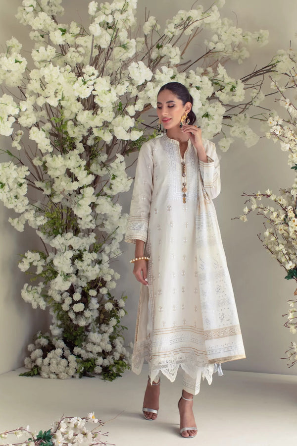 Off-White Block Printed Long Shirt With Matching Dupatta & Capri – SHK-976