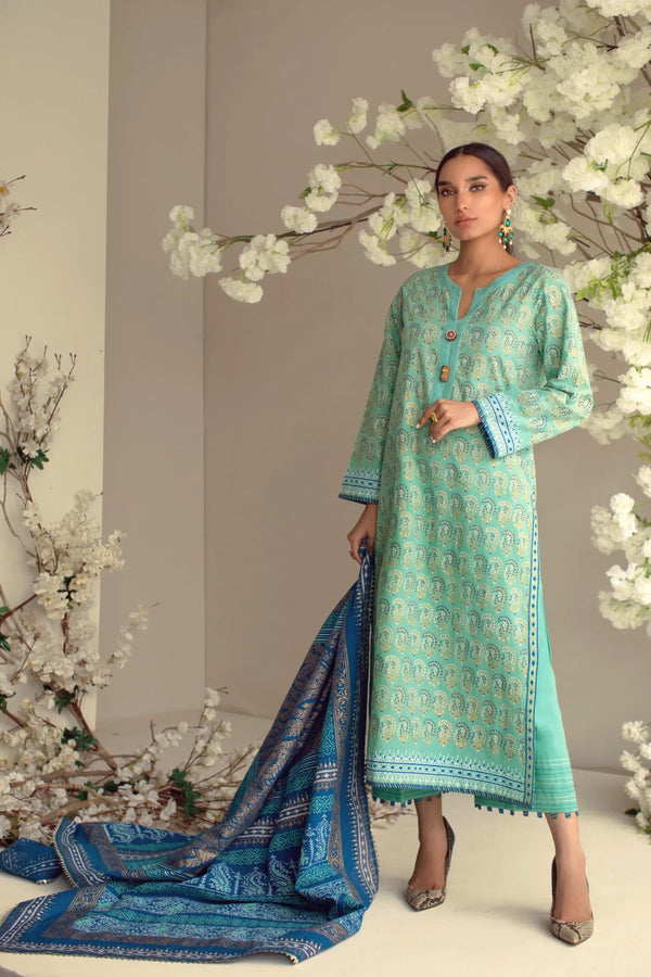 Olive Green & Blue Block Printed Shirt With Matching Dupatta & Azaar – SHK-977